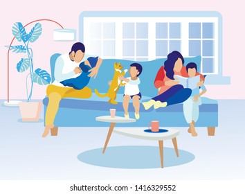 Happy Family Spend Time Together Motivate Illustration. Father Lulling Baby. Mother Reading Book for Son. Boy Playing with Cat. Parents and Kids on Sofa in Living Room at Home. Vector Flat Cartoon