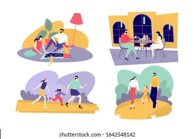 Happy family spend time together, parents and child leisure at home and outdoor, vector illustration. People cartoon characters, mother, father and daughter playing together. Family time happy people