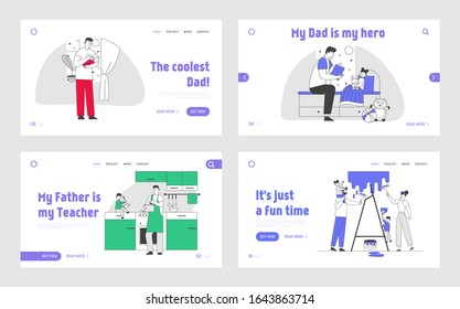 Happy Family Spend Time Together, Single Father Lifestyle Website Landing Page Set. Baby and Dad Leisure Sparetime and Every Day Duties Web Page Banner. Cartoon Flat Vector Illustration, Line Art