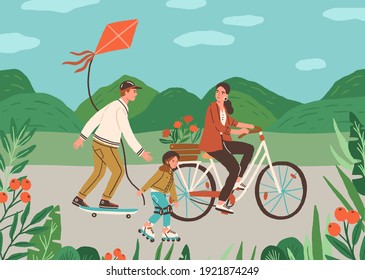 Happy family spend time together outdoors riding bicycle, skateboard and rolling on roller skates. Active leisure in nature. Father, mother and child on summer holidays. Flat vector illustration