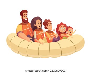 Happy family spending active holidays rafting on inflatable boat flat vector illustration