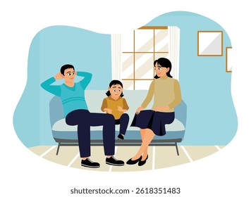 Happy family spending free time together. Family members sit together and relax at home. Flat vector illustration.