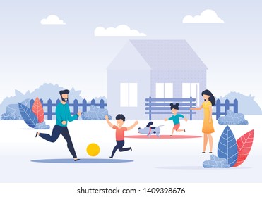 Happy Family Spending Time on Backyard Cartoon. Father and Son Paying Ball. Mother Controlling Little Daughter Running Fast with Dog. Recreational Activities in Garden Vector Flat Illustration