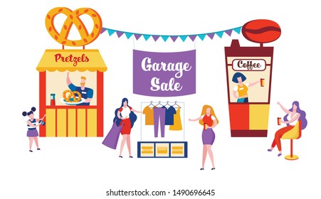 Happy Family Spending Time on Weekend Sell Old Things on Garage Sale, People Walking at Park, Buying Pretzels and Coffee in Kiosks, Summer Time Fair, Weekend Vacation Cartoon Flat Vector Illustration