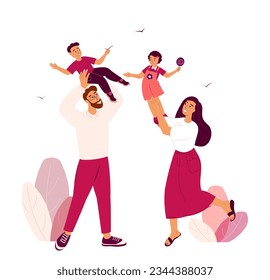 Happy family spending time outdoor together.Mother,Father and Children, Daughter and Son.Loving Family and Warm relationships.Parents support their Children Kids.Flat vector isolated illustration