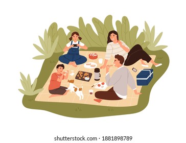 Feliz estadía familiar al aire libre en picnic juntos. Padres y niños disfrutando de comida, jugando con perros y divirtiéndose en la naturaleza. Gente sentada en manta y relajada. Ilustración vectorial plana