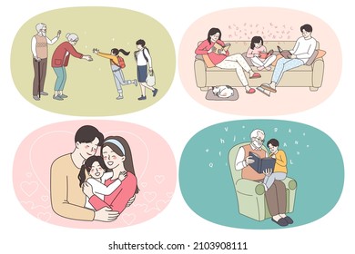 Happy family and spending time with relatives concept. Set of happy grandparents meeting their grandkids family reading together on sofa hugging and enjoying time together vector illustration 