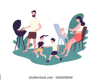 Happy family spending time at summer barbeque party. Funny mother, father and children performing recreational activities outdoors. Parents and kids at picnic. Flat cartoon vector illustration.