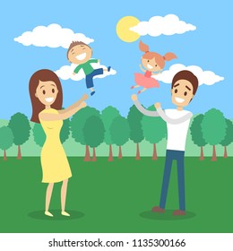 Happy family spending time together on the nature. Father and mother play with their children. Summer weekend. Vector flat illustration