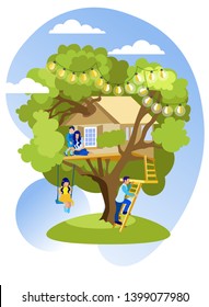 Happy Family Spending Time Together in Garden. Mother and Son Sitting on Kids Tree House, Daughter Teeter on Seesaw, Dad Going Upstairs. Leisure on Sunny Summer Day. Cartoon Flat Vector Illustration