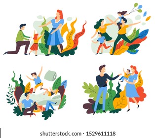 Happy family spending time together outdoors. Parents with kids, playing, walking in park, jumping on bed. Parenting, loving family members. Set of cheerful vector illustrations, white background.