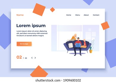 Happy family spending time together. Parents, children, nurturing. Family concept. Vector illustration for webpage, landing page