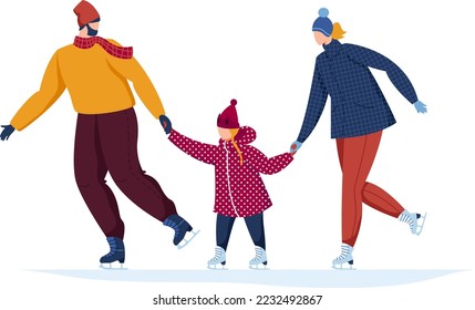 Feliz tiempo familiar junto a la pista de patinaje al aire libre, ilustración vectorial aislada en blanco. Tiempo de familia de invierno