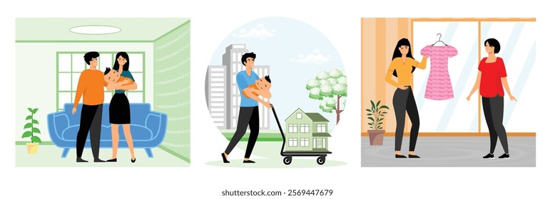 Happy Family Spending Time Together. Father Carrying Baby. Two Women Discussing a Dress. Set flat vector modern illustration 