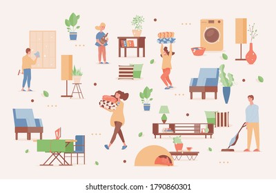 Happy family spending weekend time together at home vector flat illustration. Smiling men and women in domestic clothes cleaning up apartments, tidying their house. Modern furniture design.