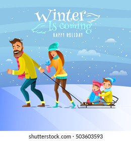 Happy family spending winter heason holidays outside and tobogganing with kids cartoon vector illustration