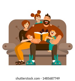 A happy family spends leisure time together at home. Dad reads the story to the little daughter and baby son. Mom hugs dad and looks at him with love. Flat vector. Isolated object on white background