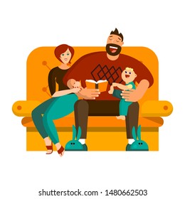 A happy family spends their leisure time together. Dad reads the story to the kid. Mom hugs dad and looks at him with love. Family idyll. Flat vector. Isolated object on white background