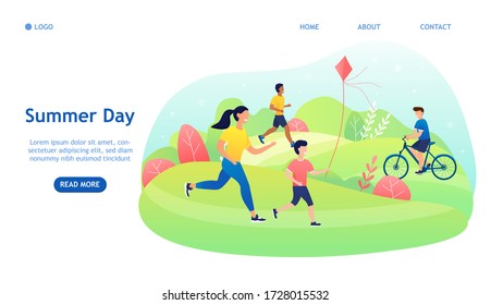 A Happy Family Spends Time Outdoor. Young Family Is Happy To Spend Time Together. Children Play, Adults Have Fun With Them. Suitable For Landing, Banner, Web Page, Or Mobile Version. Flat Illustration