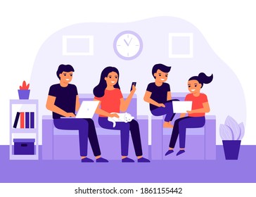 Happy family spends time together at home using digital devices. Social media addiction, communication problem. Parents and children sit on couch together at home. Vector illustration