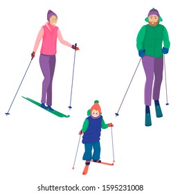 Happy family spends a weekend on  ski slope. Mom, dad and baby are skiing and coming down from  mountains. Winter sports, characters stand isolated on a white background.