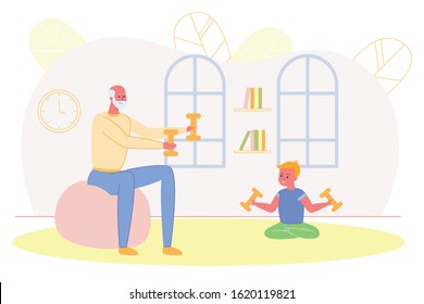 Happy Family Sport Activity. Grandfather and Grandson Morning Exercising at Home. Senior Man and Boy Fitness Workout with Dumbbells, Healthy Lifestyle Indoor Sports. Cartoon Flat Vector Illustration