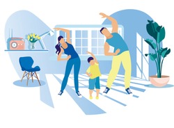 Happy Family Sport Activity. Mother, Father And Kid Doing Morning Exercising At Home. Dad, Mom And Little Son Fitness Workout Exercise, Healthy Lifestyle Indoor Sports Cartoon Flat Vector Illustration