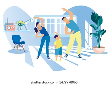 Happy Family Sport Activity. Mother, Father and Kid Doing Morning Exercising at Home. Dad, Mom and Little Son Fitness Workout Exercise, Healthy Lifestyle Indoor Sports Cartoon Flat Vector Illustration