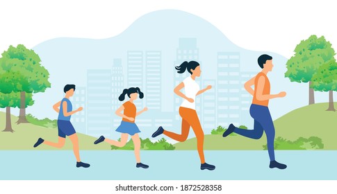 Happy Family Sport Activity, mother, father and kids running in the park. Family fit exercise, healthy lifestyle concept Vector Illustration