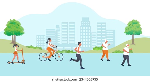 Happy Family Sport Activity, mother, father and kids running in the park. Family fit exercise, healthy lifestyle concept Vector Illustration