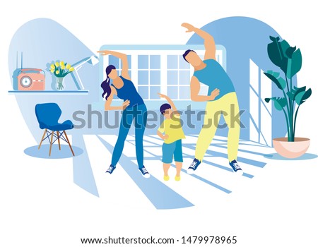 Happy Family Sport Activity. Mother, Father and Kid Doing Morning Exercising at Home. Dad, Mom and Little Son Fitness Workout Exercise, Healthy Lifestyle Indoor Sports Cartoon Flat Vector Illustration Сток-фото © 