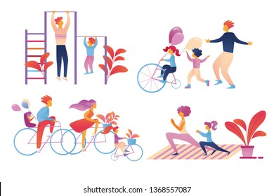 Happy Family Sport Activity Set Isolated on White Background. Father, Mother and Kids Exercising, Riding Bikes, Dad and Son Pull up on Bar, Mom and Daughter at Fitness Cartoon Flat Vector Illustration