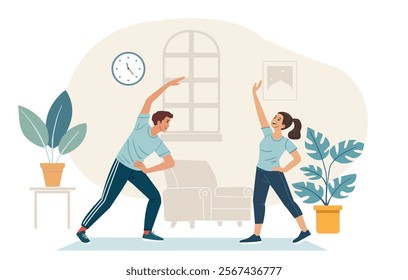 Happy family sporting events. A guy and a girl do a workout at home. Family exercising at home Fitness training exercises, healthy lifestyle concept. Vector illustration in flat style.