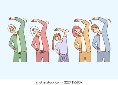 Happy family in sportswear do gymnastics together. Smiling three generations exercise follow healthy lifestyle. Sport and workout. Vector illustration. 