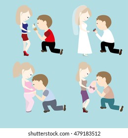 Happy family stages. Creating of happy family. Happy family vector illustration. Young couple, wedding couple, husband and wife, couple expecting a baby. Father, mother and children together