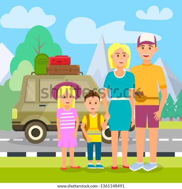 Happy Family Stand at Brown Car with
Luggage. Mom, Dad, Daughter and Son on Beautiful Mountain Road
Background. Parents Traveling with Kids. Summer Time Vacation.
Cartoon Flat Vector
Illustration.