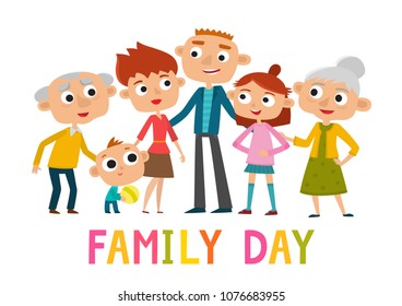 Happy family stand isolated on white - family day card. Vector illustration of cute father, mother, son, daughter and grandparents together used for magazine, book, poster.