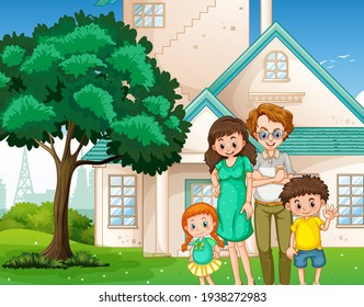 Familia feliz parada frente a la ilustración de la casa