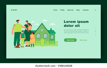 Happy family standing in front of new house. Picture of mother, father together with kids and dog. Cartoon vector illustration for love, family, home, real estate concept