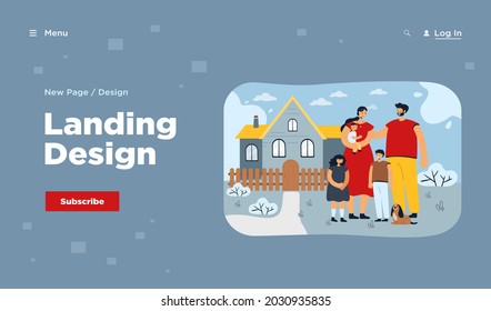 Happy family standing in front of new house. Picture of mother, father together with kids and dog. Cartoon vector illustration for love, family, home, real estate concept