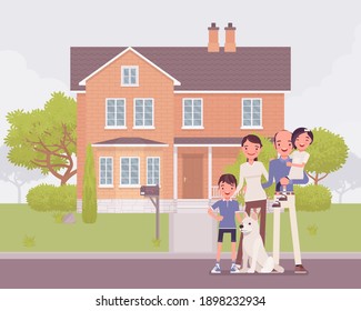 Happy family standing in front of own house. Homeowners dream, new property building for parents and kids, real estate, lovely home, cottage mortgage agreement. Vector flat style cartoon illustration