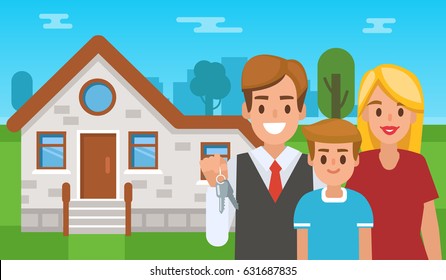 Happy family  standing in front of their new house and holding the keys. Father, mother and son. Flat style vector illustration isolated on white background.