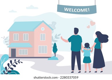 Happy family standing near big house. Parents with daughter, parents love. Adopted children find family, welcome home. Love couple with adopted kid. New home for orphan. flat vector illustration