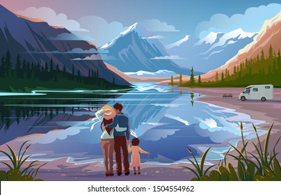 Happy Family Standing Near Lake Looking Away Family Vacation Travel, Holiday Camping Trip