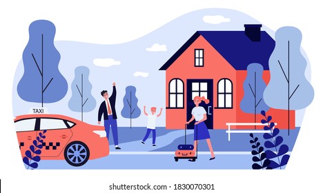 Happy family standing near taxi and waving to woman. Child, house, baggage flat vector illustration. Relocation and removal concept for banner, website design or landing web page