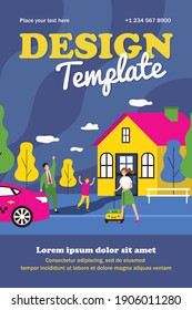 Happy family standing near taxi and waving to woman. Child, house, baggage flat vector illustration. Relocation and removal concept for banner, website design or landing web page