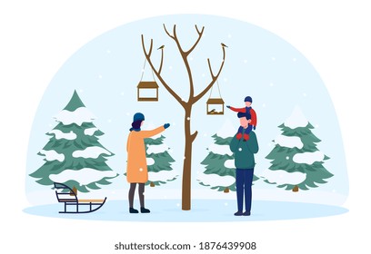 Happy family standing near tree feeding birds. Concept of family winter holiday outdoor activities and festive mood. Flat cartoon vector illustration