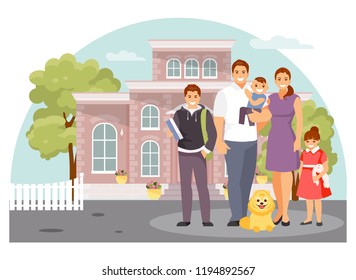 Happy family standing at the new house. Vector illustration