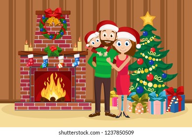 Happy family standing next to the tree and fireplace.