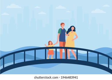 Happy family standing on bridge together. Love, pregnancy, kid flat vector illustration. Relationship and parenthood concept for banner, website design or landing web page